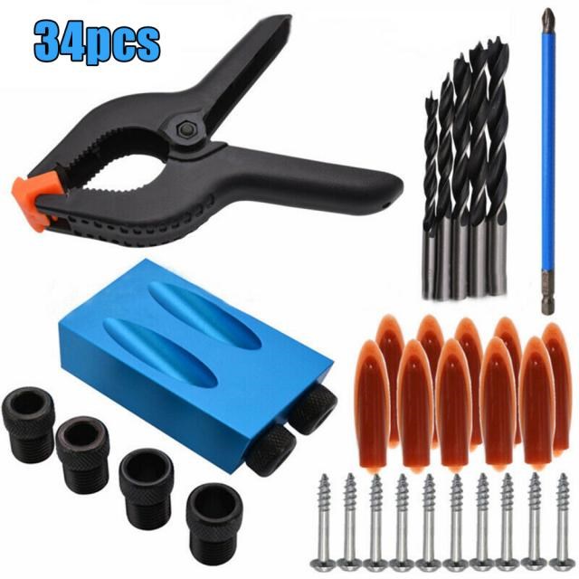 34Pcs Pocket Hole Screw Jig with Dowel Drill Set Carpenters