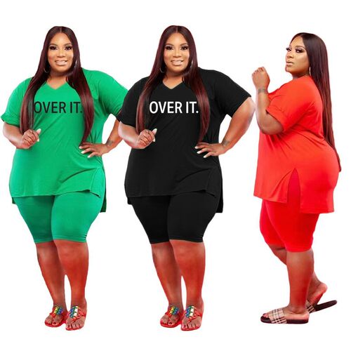 Plus Size Two Piece Set Sexy V Neck Letter Print Casual 2 Pi