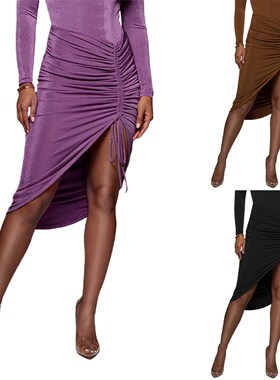 Women Solid Color Skirt Adults Sexy Irregular Ruched Slit Sk