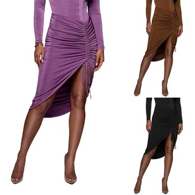 Women Solid Color Skirt Adults Sexy Irregular Ruched Slit Sk