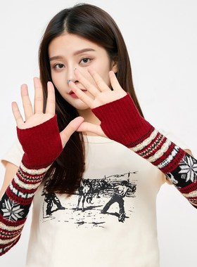 Autumn Winter Half Finger Gloves Women Christmas Elk Snowfla