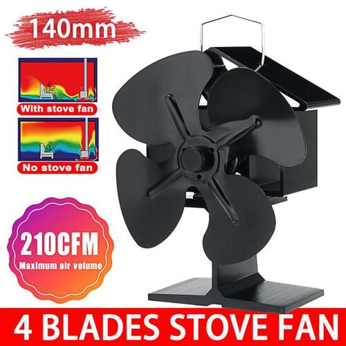 Black Fireplace 4 Blades Heat Powered Stove Fan Log Wood Bur