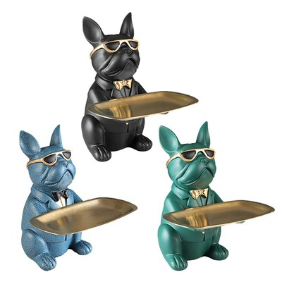 Bulldog Statue Holding Storage Tray Cute Animal Sculptures R