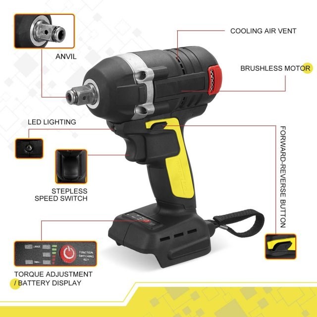 800N.m Brushless Electric Impact Wrench 1/2 Sokect Cordless