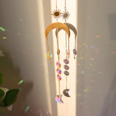 Crystal Wind Chimes Hexagon Diamond Prisms Hanging Rainbow C