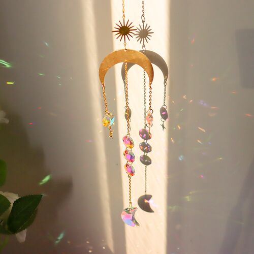 Crystal Wind Chimes Hexagon Diamond Prisms Hanging Rainbow C