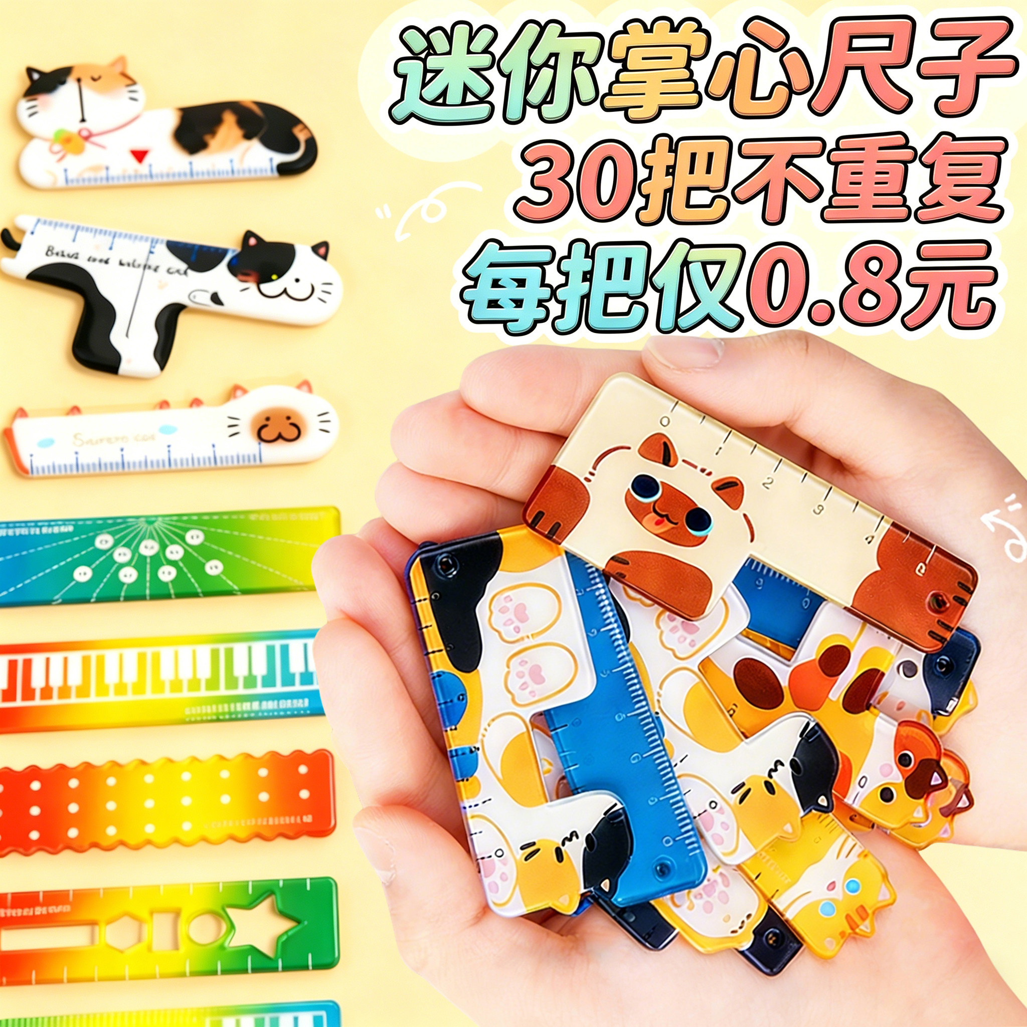 迷你猫咪掌心尺称心如意便携多功能高颜值小学生专用一二三年级幼儿园多功能创意直尺画图尺子套装5cm多形状H