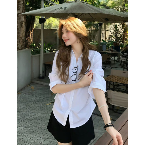 SadSoil 基础款白色打褶衬衫女春夏宽松休闲长袖氛围感上衣衬衣女