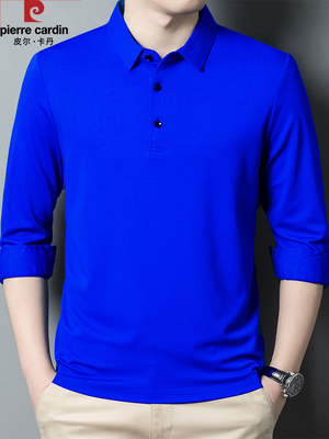 皮尔卡丹男士长袖t恤秋冬季休闲中年翻领克莱因蓝Polo衫纯棉上衣