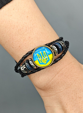 简约时光宝石乌克兰国旗图案皮革手链跨境手工串珠编织手环黄蓝色