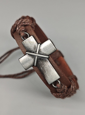 跨境网红情侣个性复古编织皮革手链简约可调闺蜜十字架手环手绳女