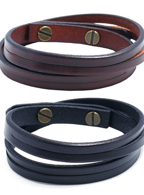 欧美新款复古简约两圈牛皮手链男士饰品时尚百搭朋克摇滚真皮手链