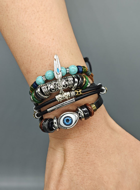 蓝色眼睛手链复古民族风皮革编织多层百搭异域风情侣闺蜜欧美可调