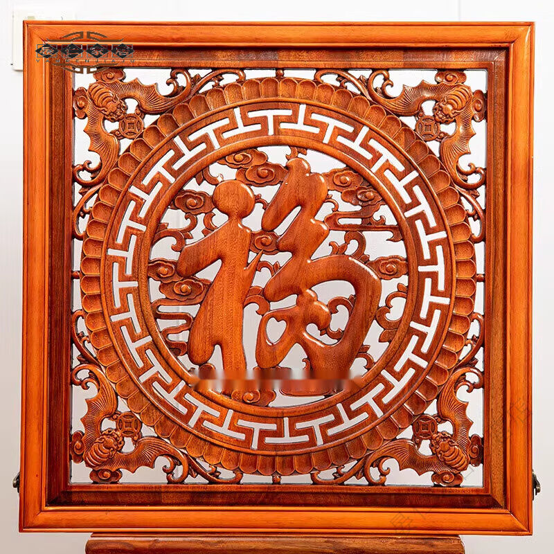 家小优新中式木雕电表箱画实木免打孔家用客厅中式香樟实木雕上翻
