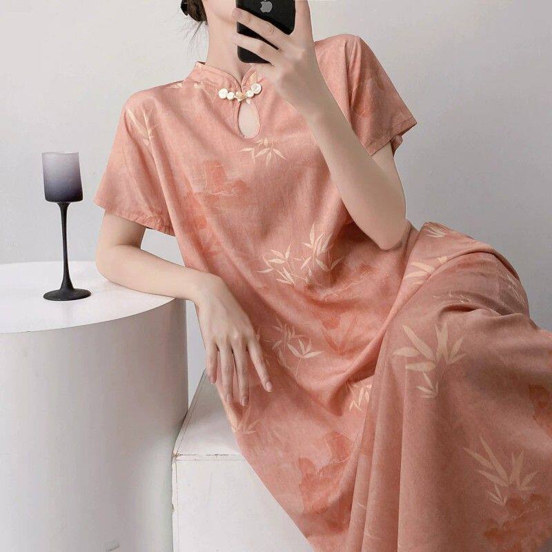 长款棉绸睡裙女士夏季短袖旗袍新中式可外穿连衣裙子薄款人造棉裙