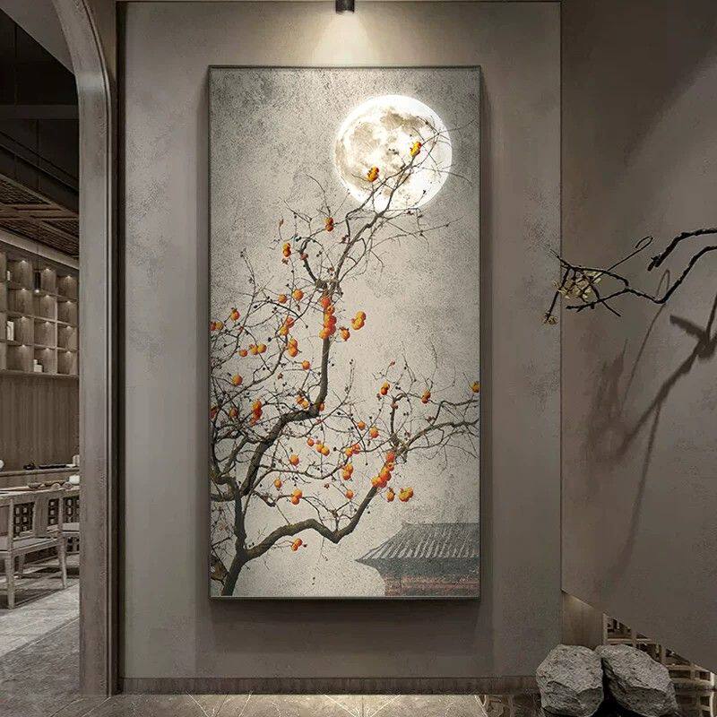 新中式柿事如意玄关画装饰画诧寂风走廊过道壁画竖版轻奢客厅挂画