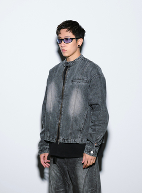 Costful Ro新款立领做旧宽松牛仔夹克复古领口搭扣时尚牛仔外套