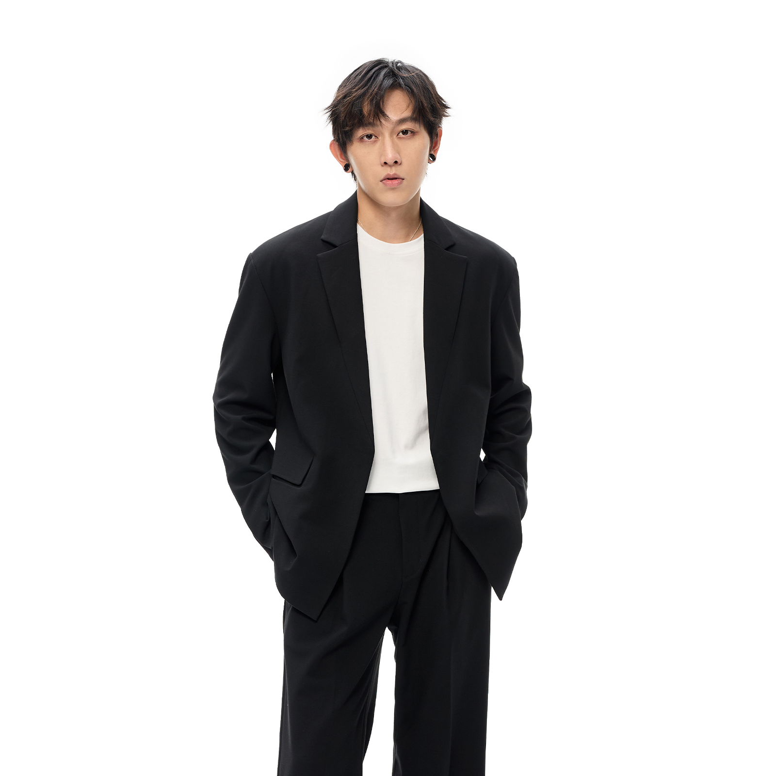 Costful Ro莱赛尔醋酸混纺肌理感TR休闲西服 磁吸扣黑色西装外套