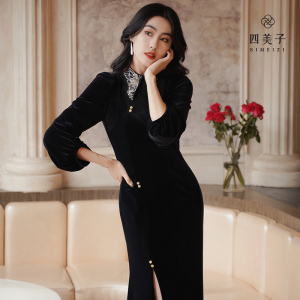 四美子黑色气质丝绒礼服旗袍女装梦迷蝴蝶2023秋冬新年改良连衣裙