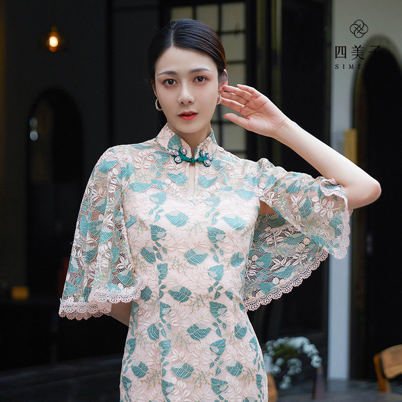 四美子改良淡粉色连衣裙女装花疏影2023夏季新款蕾丝边斗篷袖旗袍怎么看?