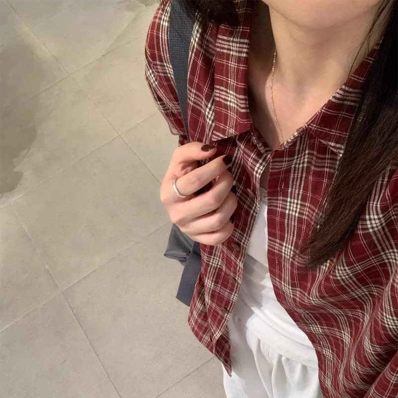 英国cherry kitty韩系复古红色格子衬衫女秋季宽松慵懒休闲长袖