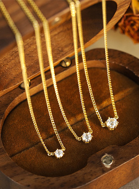日系超闪大中小单钻一颗钻项链小众s925银喜平链侧平链锁骨链