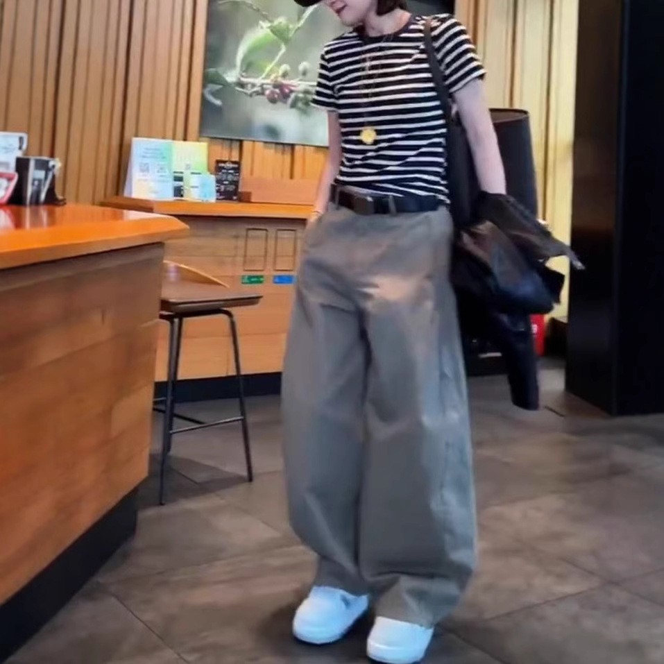 英国moleubak新款时尚条纹短袖t恤休闲宽松工装裤洋气女潮