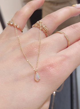 日式轻奢 水滴蛋白石项链 欧泊镂空花瓣s925银项链 耳坠戒指