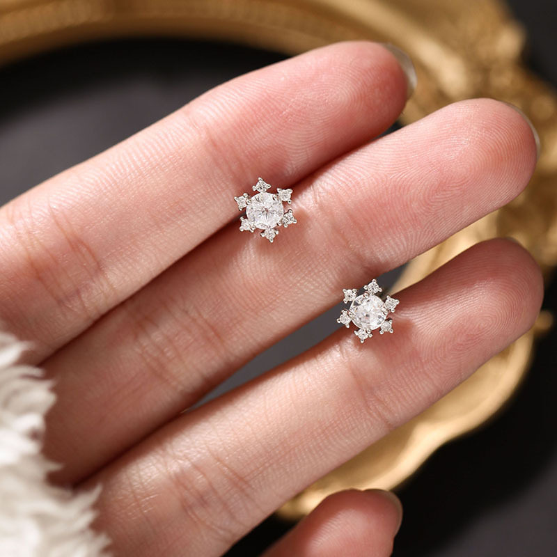 日系设计师topwhits银清新甜美满钻雪花耳钉锆石镶嵌时尚通勤简约