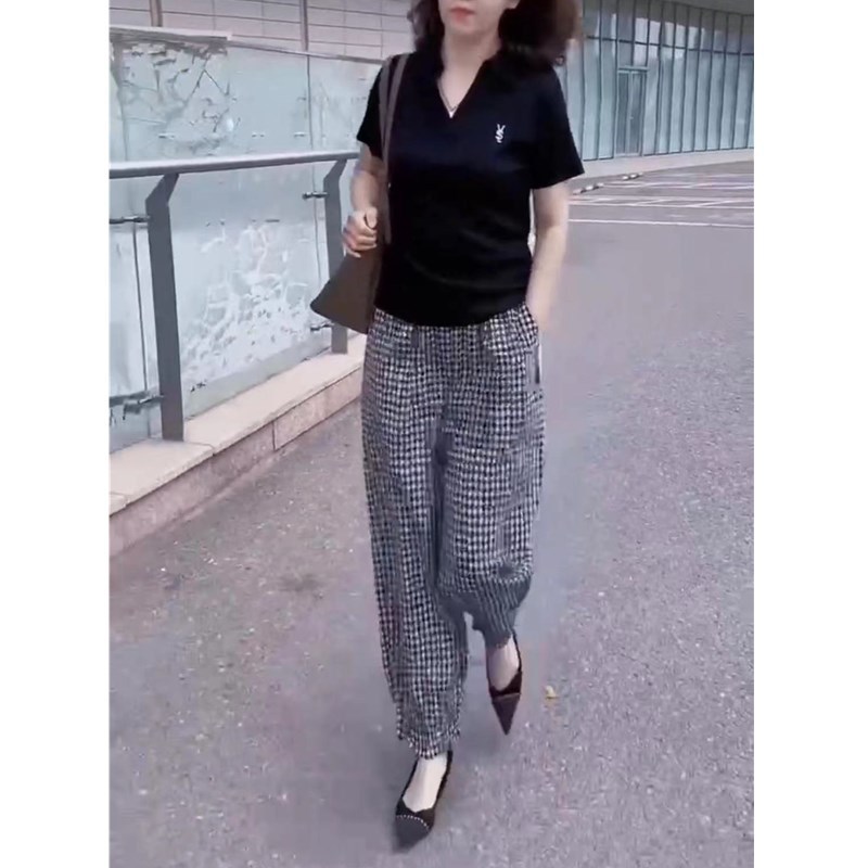 英国moleubak夏季新款短袖t恤休闲格子垂感长裤女时尚显瘦