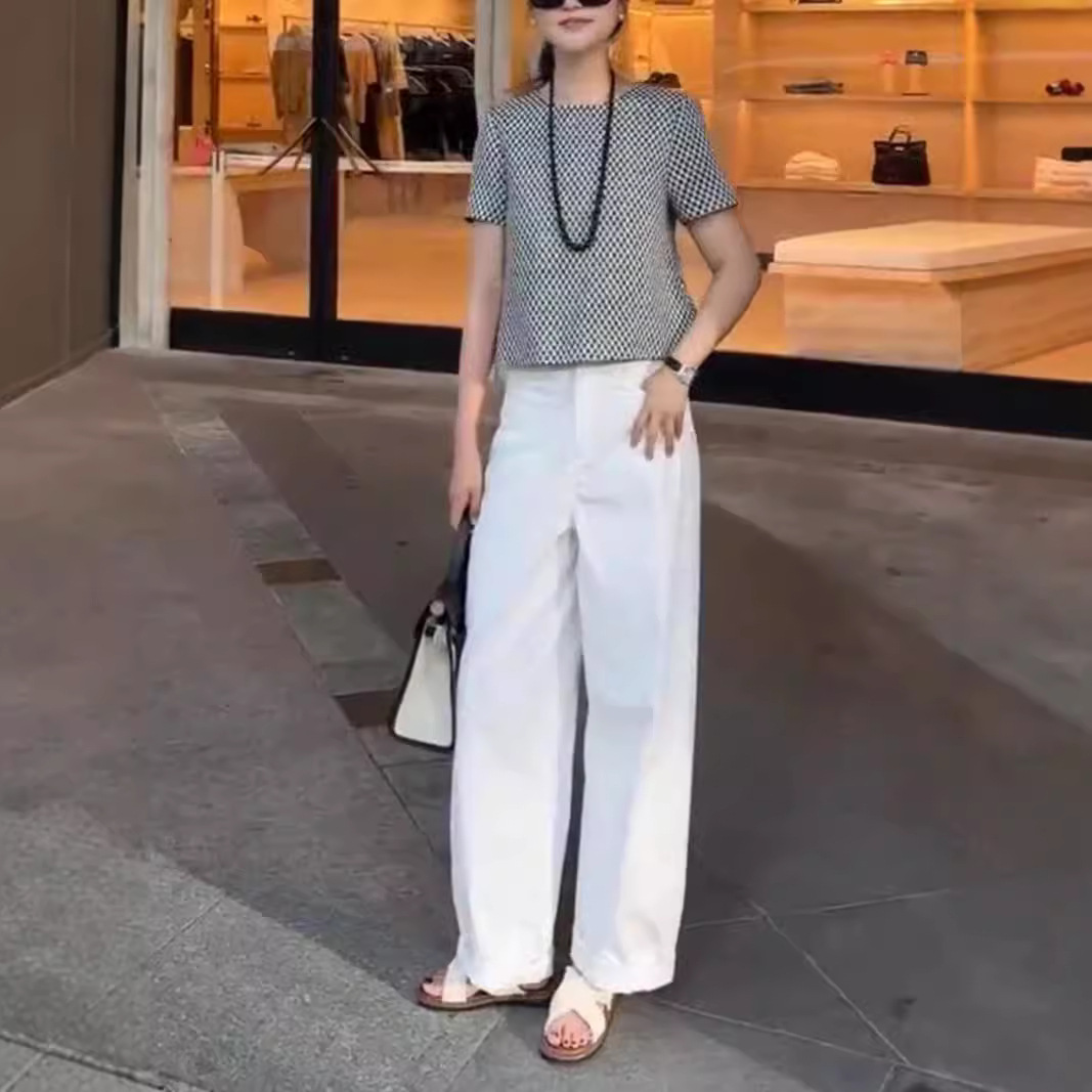 英国moleubak新款时尚黑白格子圆领短袖上衣休闲阔腿裤女