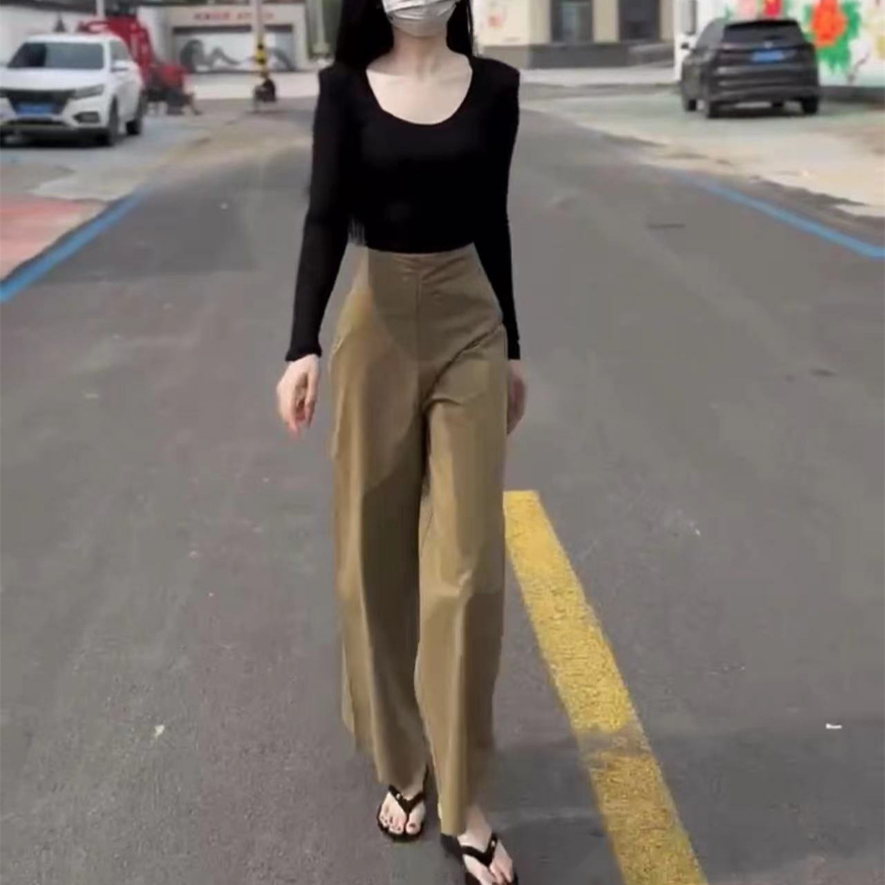 英国moleubak早秋新款修身长袖黑色u领上衣高腰直筒裤女潮