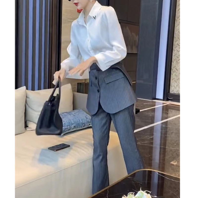 英国moleubak春季新款翻领衬衫+封腰短裙开叉微喇裤女