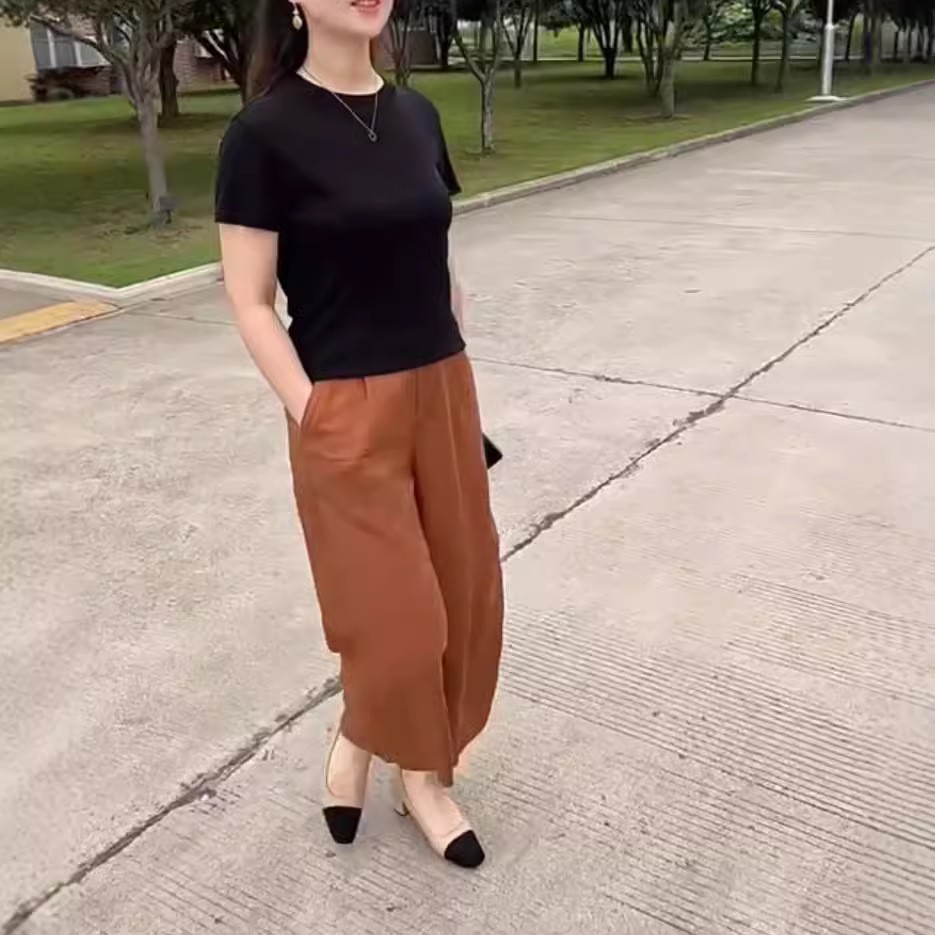 英国moleubak夏季新款色圆领短袖t恤高腰阔腿裤洋气显瘦