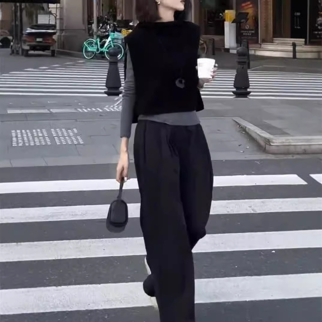 英国moleubak秋季新款慵懒风黑色无袖马甲高腰休闲长裤女