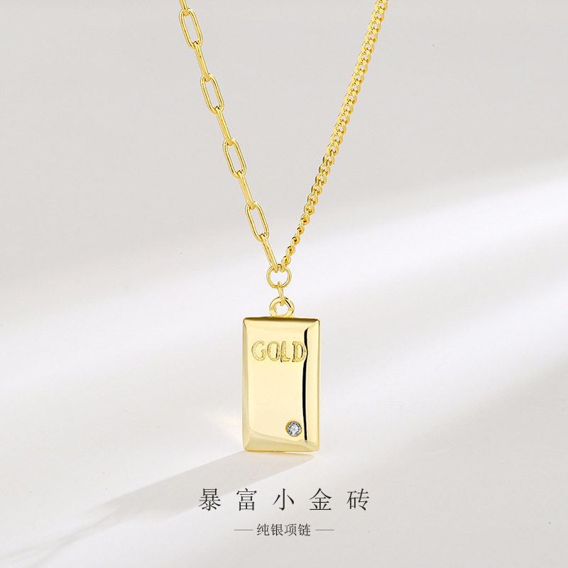 日系设计师topwhits925银方形小金砖项链女轻奢高级感个性锁骨