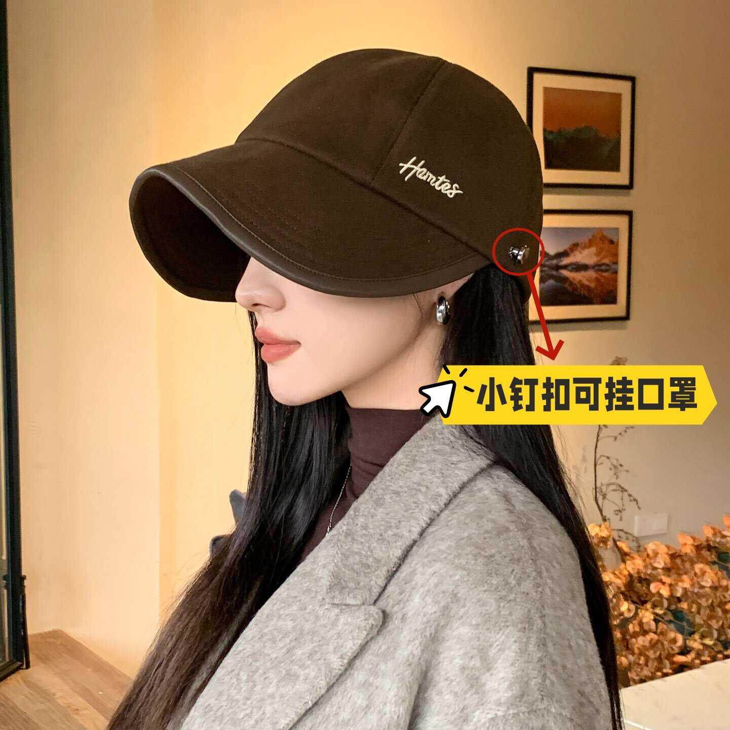 秋冬骑车不掉鸭舌帽女显脸小大帽檐新式渔夫帽户外防风保暖遮阳帽