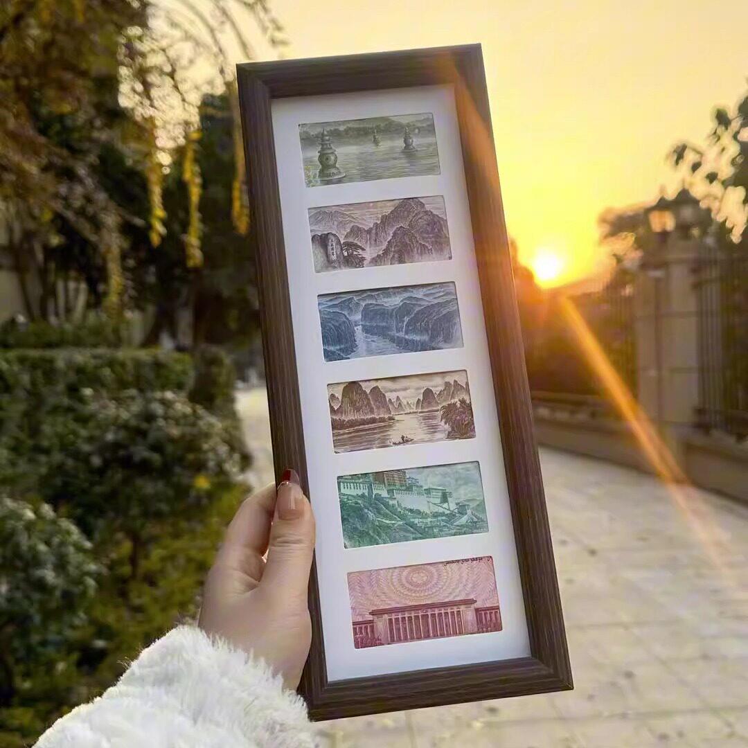 祖国大好河山相框六连框黑胡桃diy展示柜增运多金画框摆台装饰画