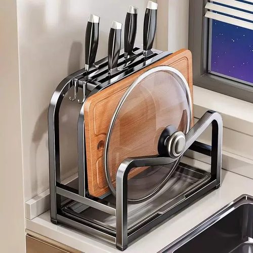 枪灰厨房刀架置物架多功能菜刀砧板锅盖一体收纳架台面刀具放置架