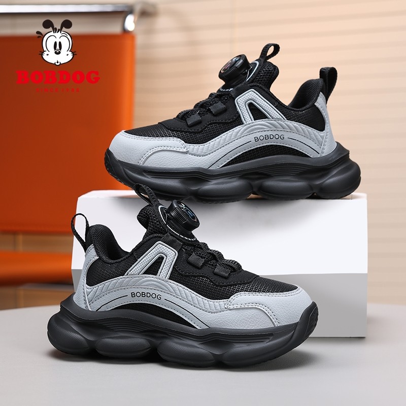 巴布豆童鞋男童鞋子2025秋季新款中大童皮面防水儿童旋转扣运动鞋