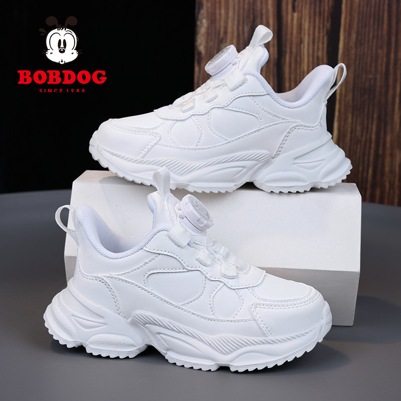 巴布豆男童小白鞋2025秋季新款皮面防水女童旋转扣白色儿童运动鞋