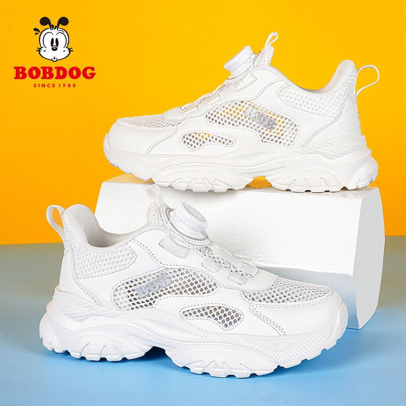 巴布豆儿童小白鞋男童白色运动鞋2025夏季款学生单网镂空女童鞋子