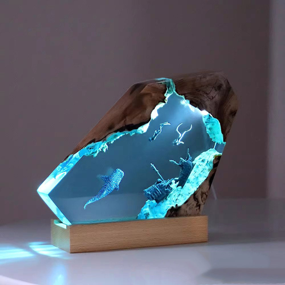 家居饰品卧室办公室桌面沉船鲨鲸海洋艺术摆件礼物实木树脂小夜灯,家居饰品,桌面摆件,淘宝优惠券,粉丝福利购,淘宝优惠卷