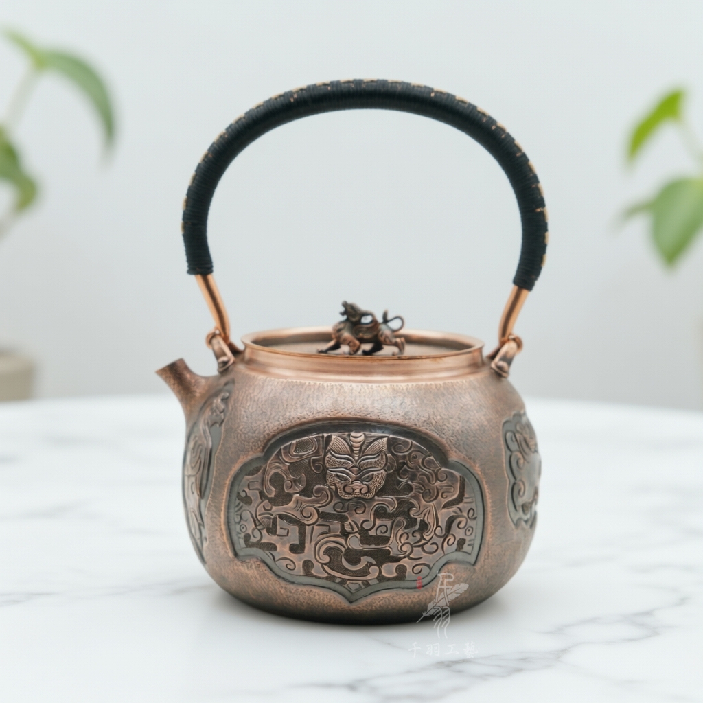 【神兽系列】1200ML龙纹錾刻锤纹提梁壶烧水壶煮茶壶纯手工茶具