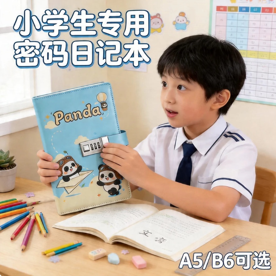 2026年新款手账日记本A5密码锁日记本子小学生专用可平摊B6儿童可爱高颜值笔记本带笔插卡通风横线记事本带锁图片