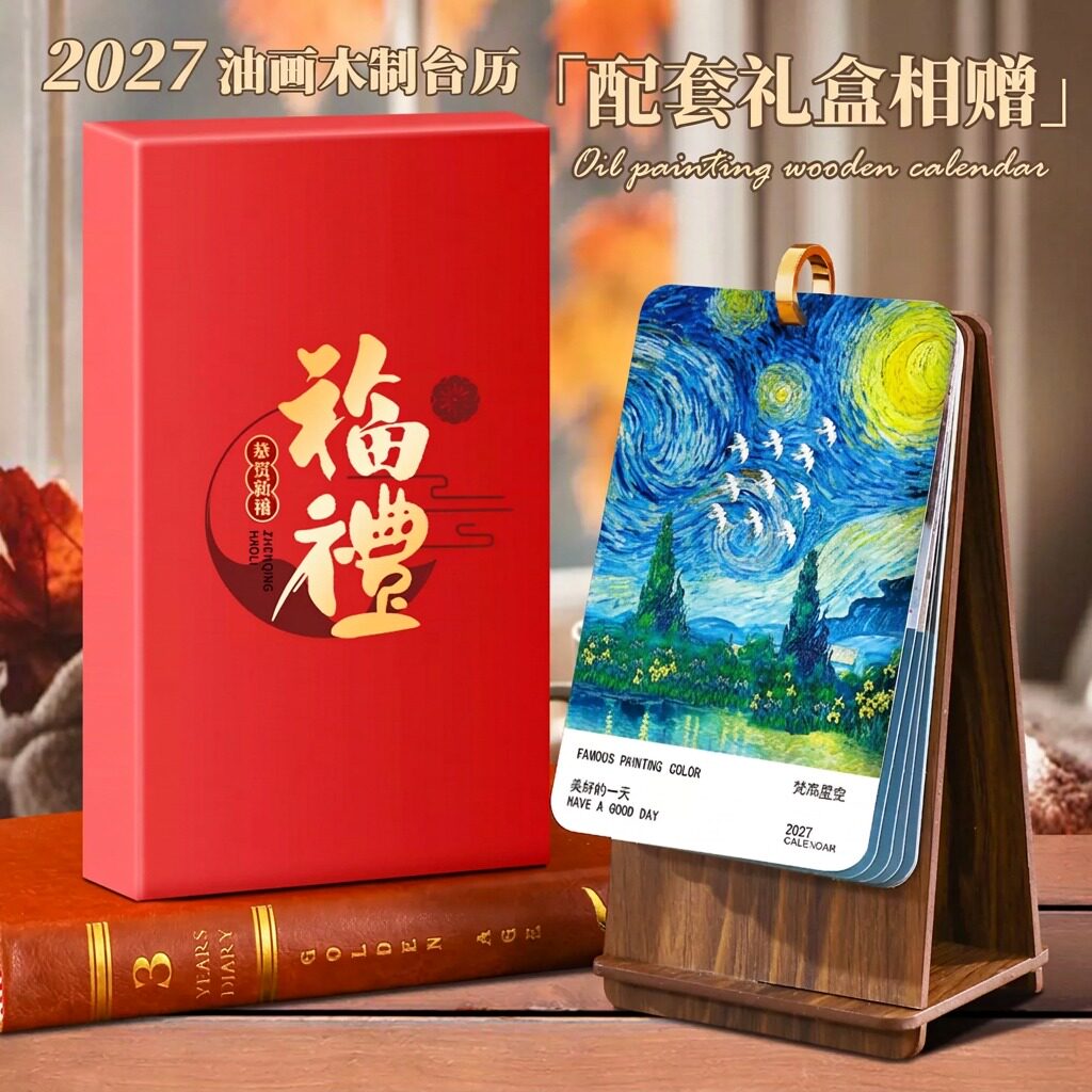 2027油画文艺复古办公室桌面台历图片