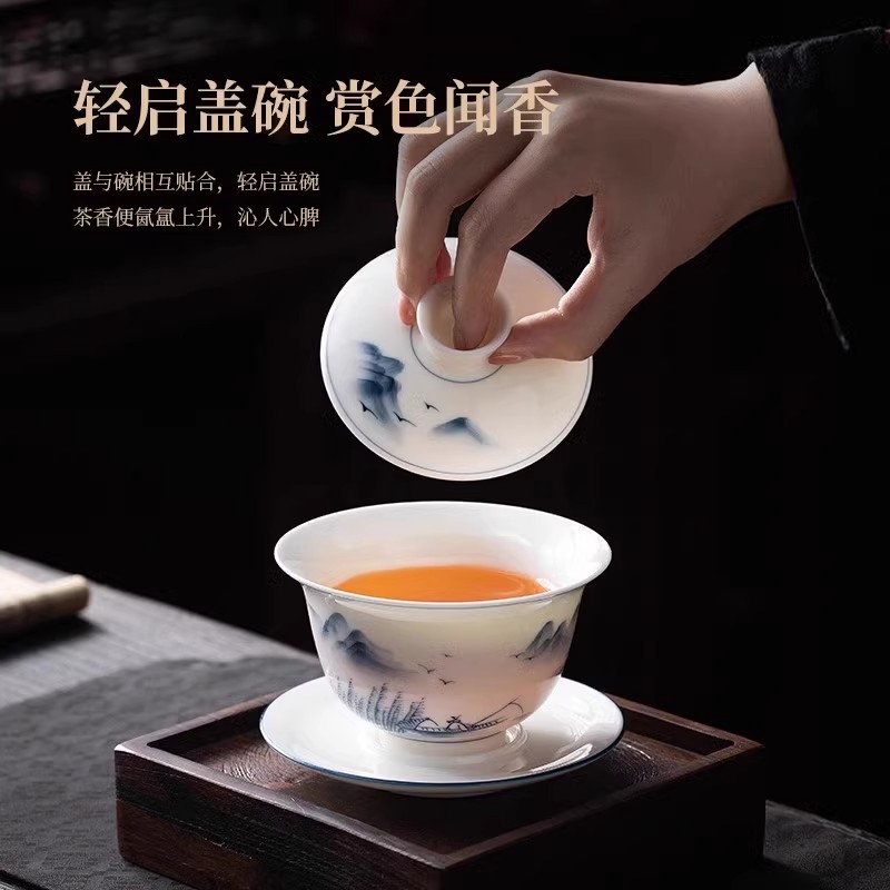 景德镇手绘三才盖碗可悬停茶杯单个高端不烫手泡茶碗个人专用茶具