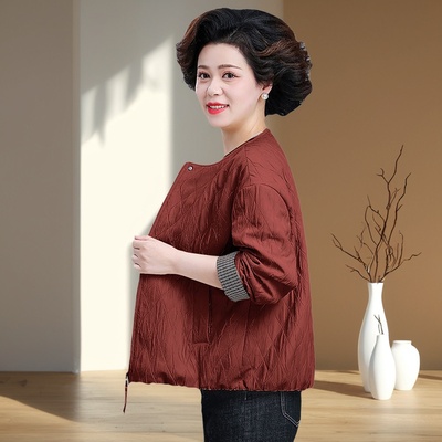 罗蒙休闲圆领百搭减龄外套女2025秋新款中老年妈妈纯色显瘦上衣W