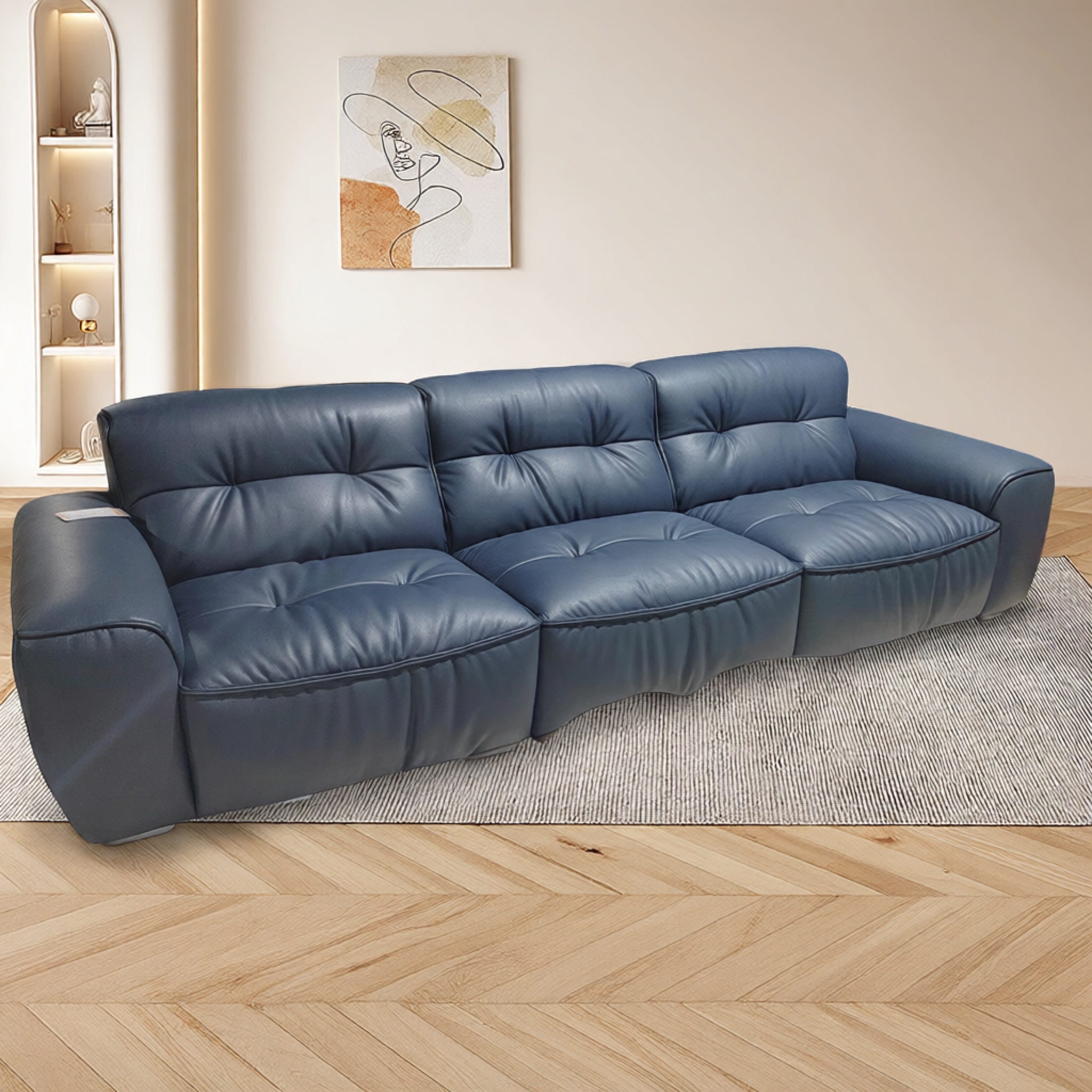 别墅三人位灰色皮艺沙发