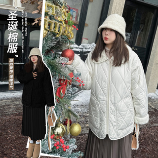 JIUYI冬季新款加厚菱格洋氣減齡棉服胖MM200斤娃娃領純色保暖外套